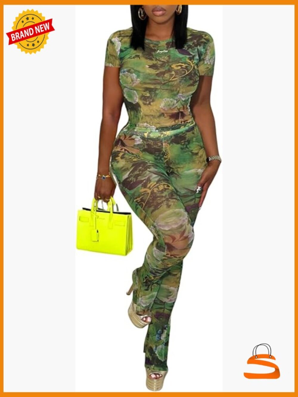 Sexy Two Piece Floral Mesh Bodycon Flared Pants Set Jumpsuit